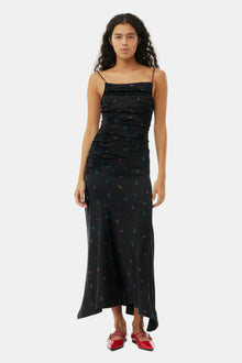 Floral Satin Ruched Long Slip Dress | Black