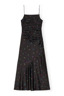 Floral Satin Ruched Long Slip Dress | Black