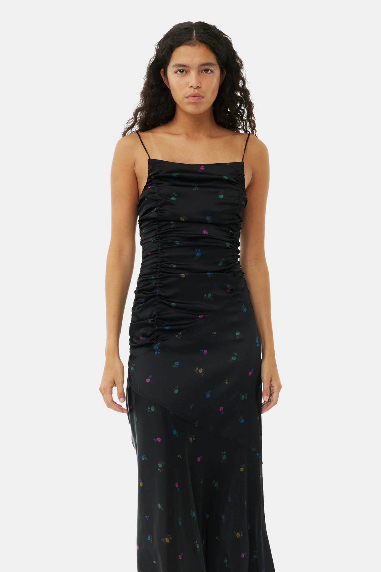 Floral Satin Ruched Long Slip Dress | Black