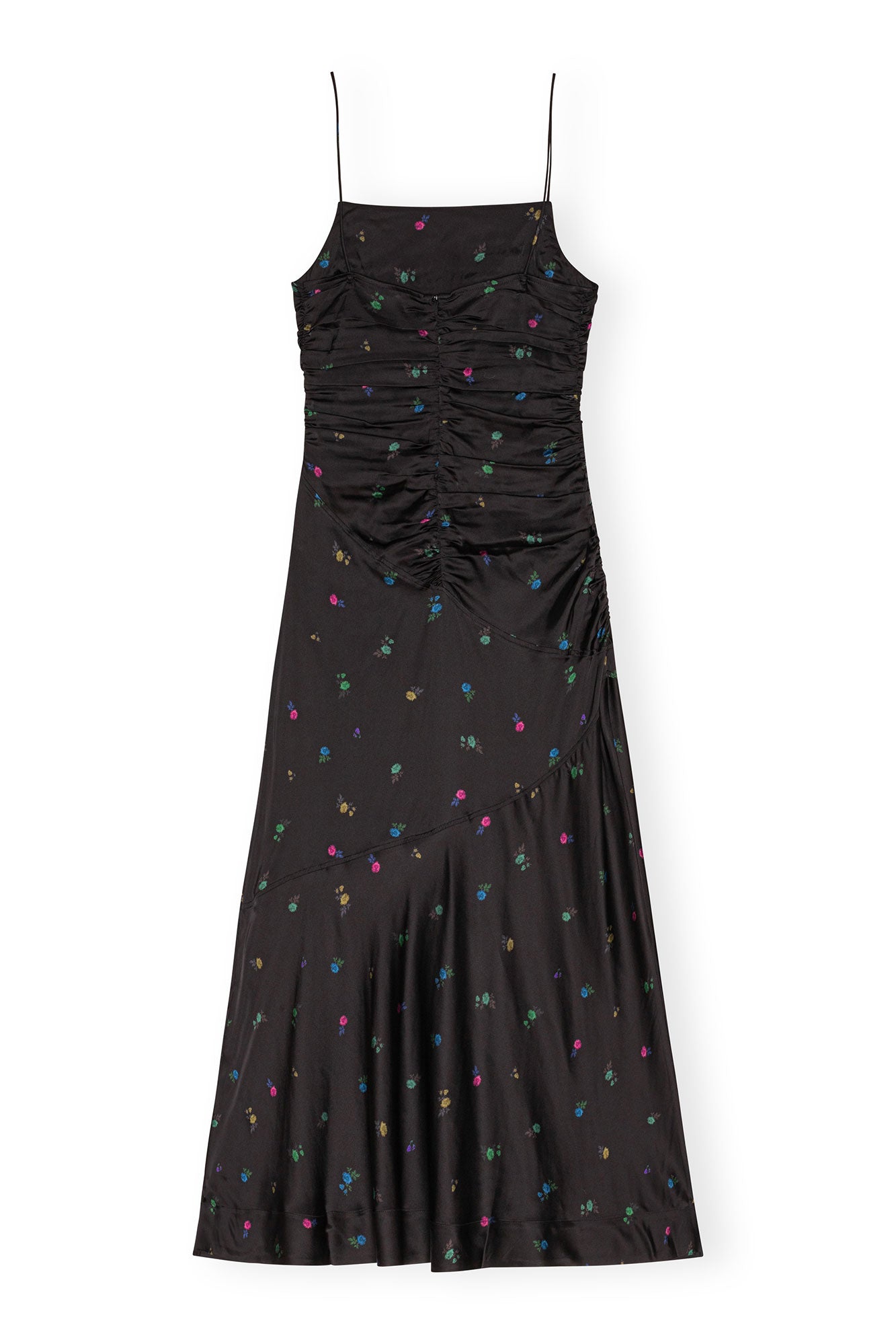 Floral Satin Ruched Long Slip Dress | Black