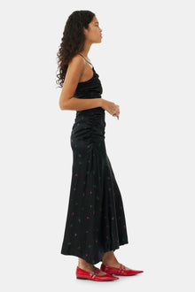 Floral Satin Ruched Long Slip Dress | Black