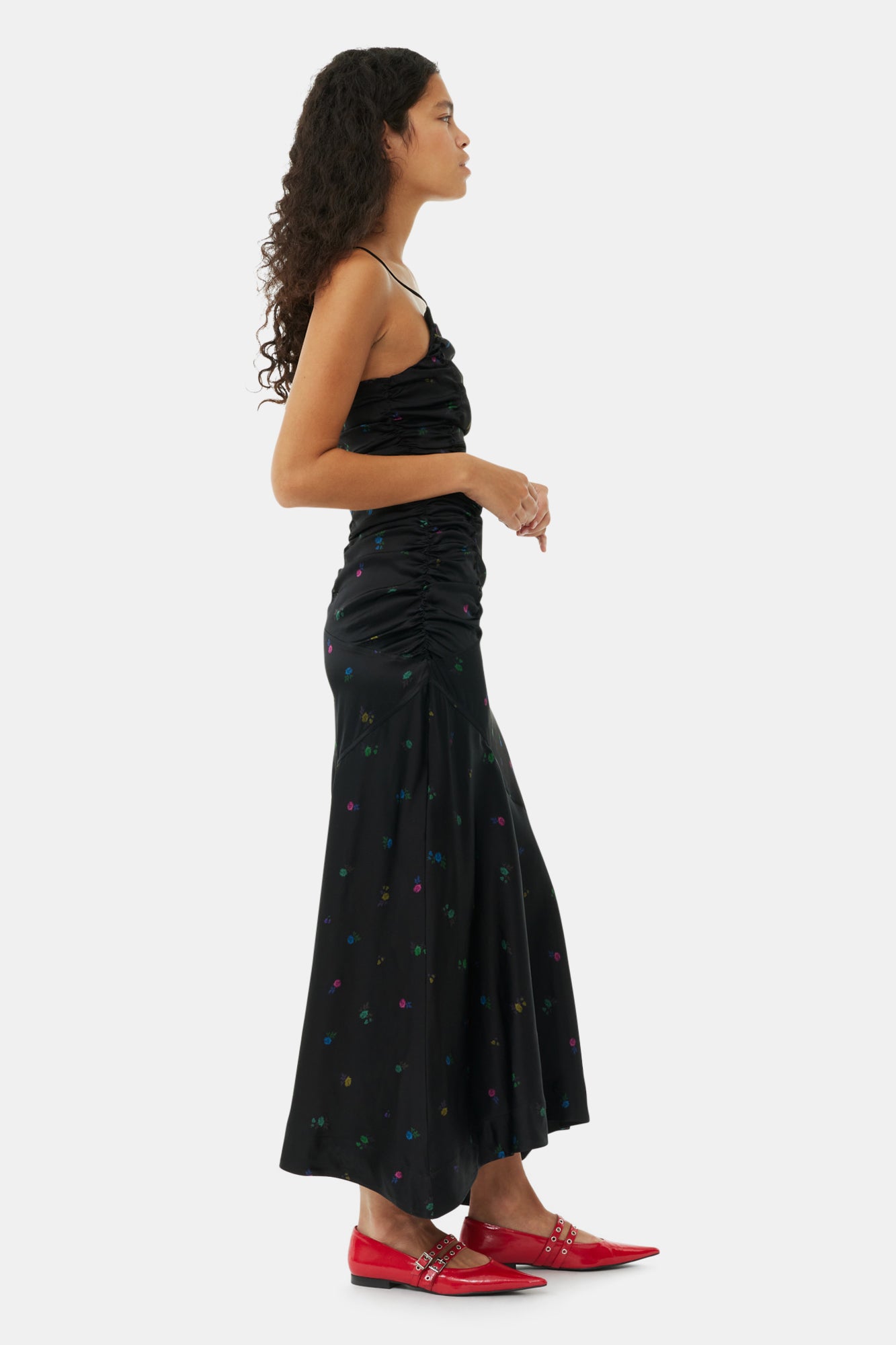 Floral Satin Ruched Long Slip Dress | Black