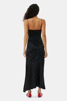 Floral Satin Ruched Long Slip Dress | Black