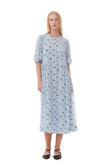 Printed Georgette Puff Sleeve Midi Dress | Brunnera Blue