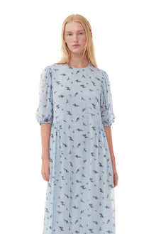 Printed Georgette Puff Sleeve Midi Dress | Brunnera Blue