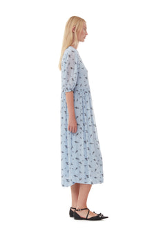 Printed Georgette Puff Sleeve Midi Dress | Brunnera Blue