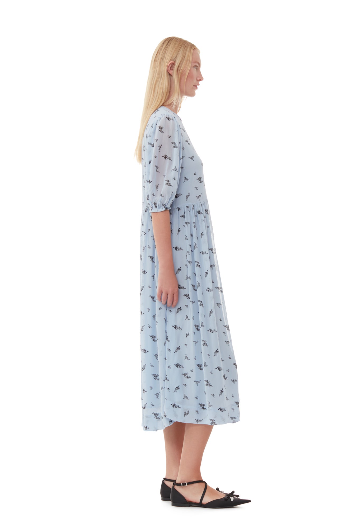 Printed Georgette Puff Sleeve Midi Dress | Brunnera Blue