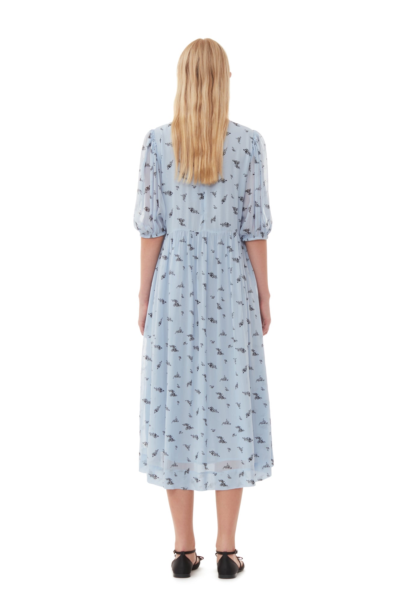 Printed Georgette Puff Sleeve Midi Dress | Brunnera Blue