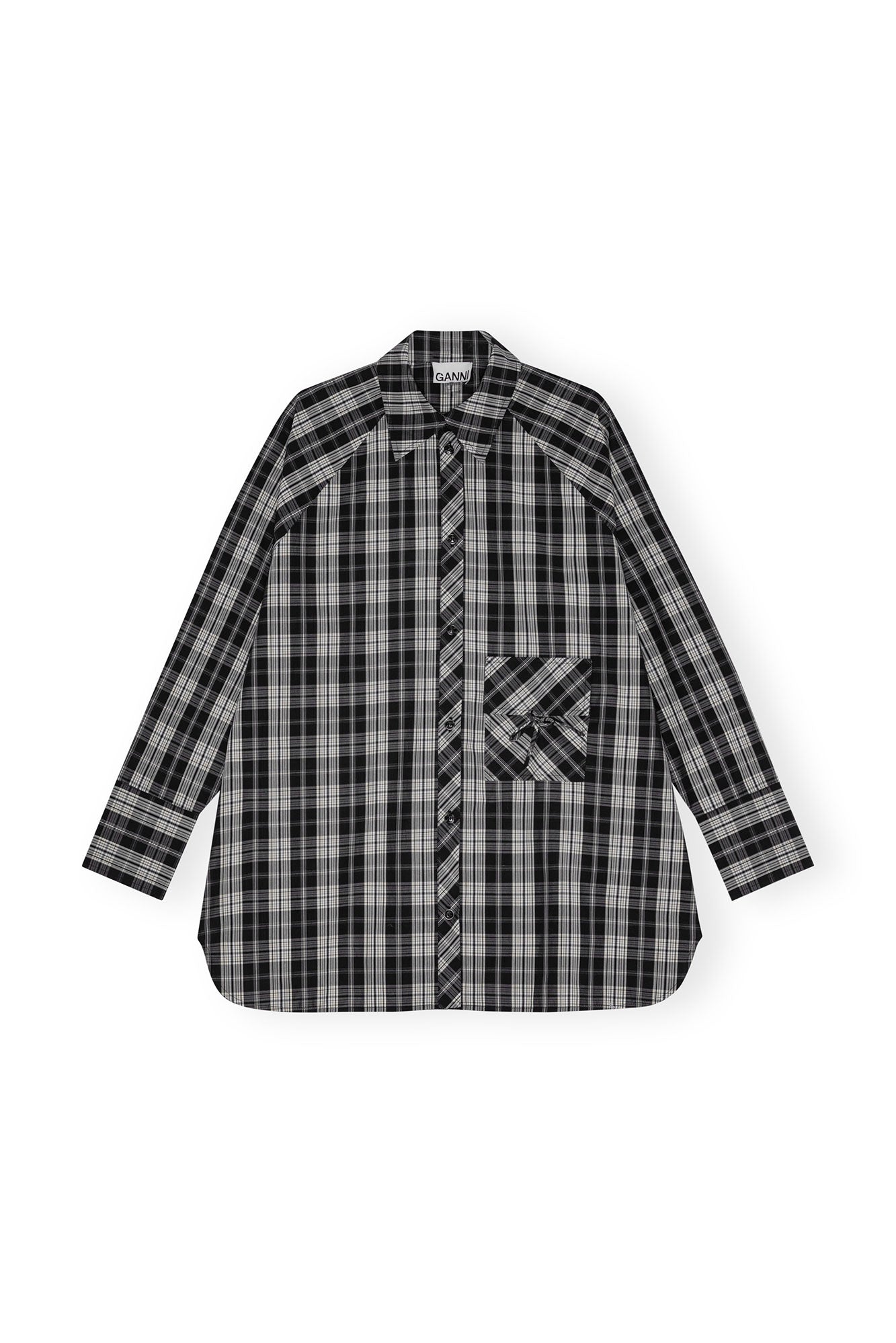 Checkered Cotton Oversized Raglan Shirt | Black