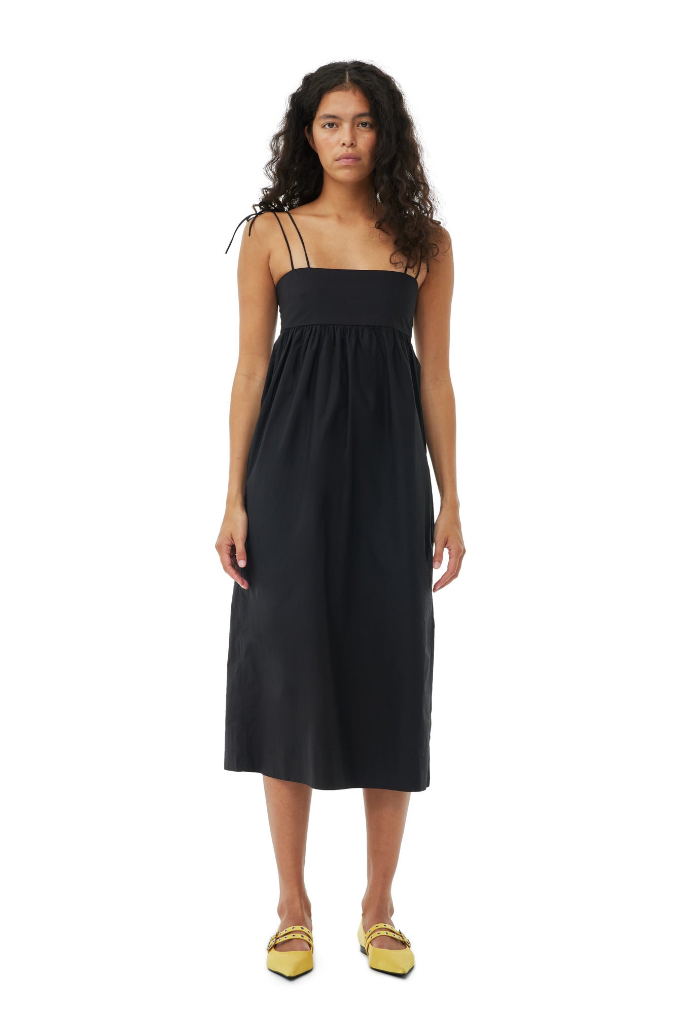 Cotton Poplin String Midi Dress | Black
