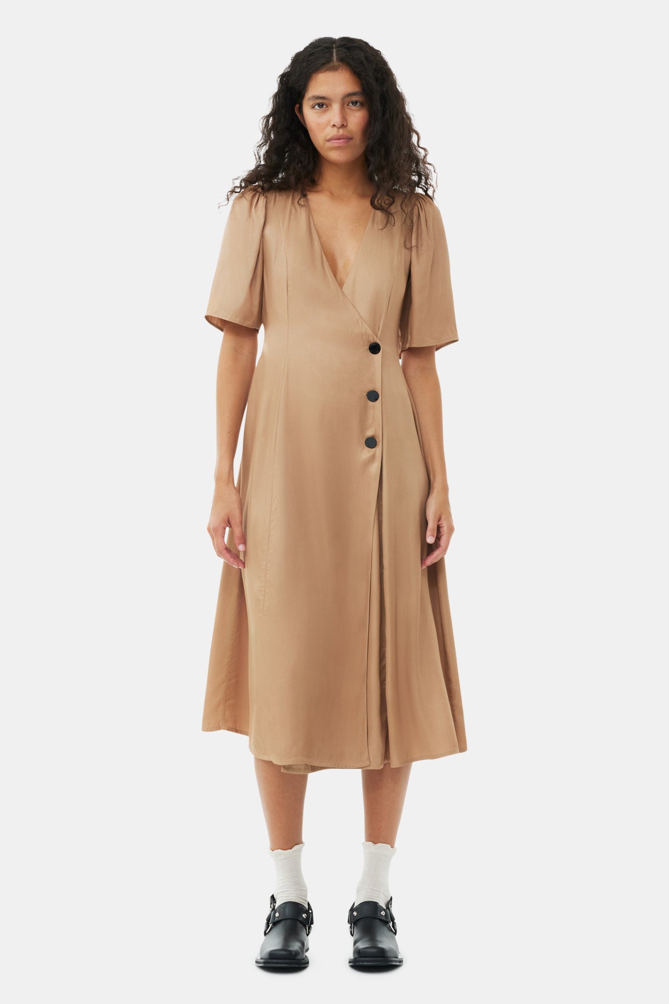 Viscose Twill Wrap Midi Dress | Tiger's Eye