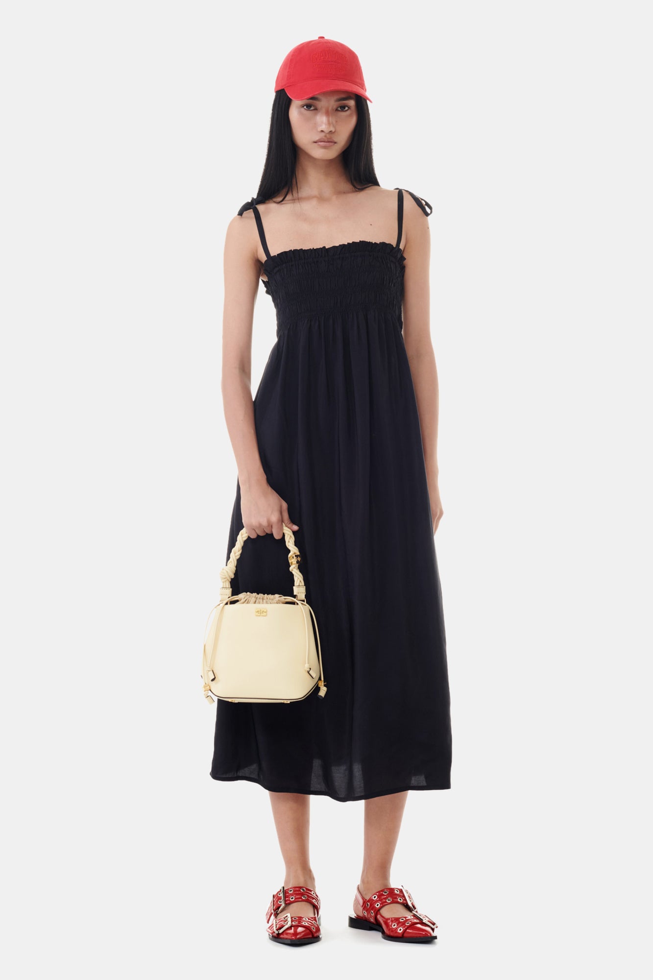 Viscose Habotai Midi Smock Strap Dress | Black