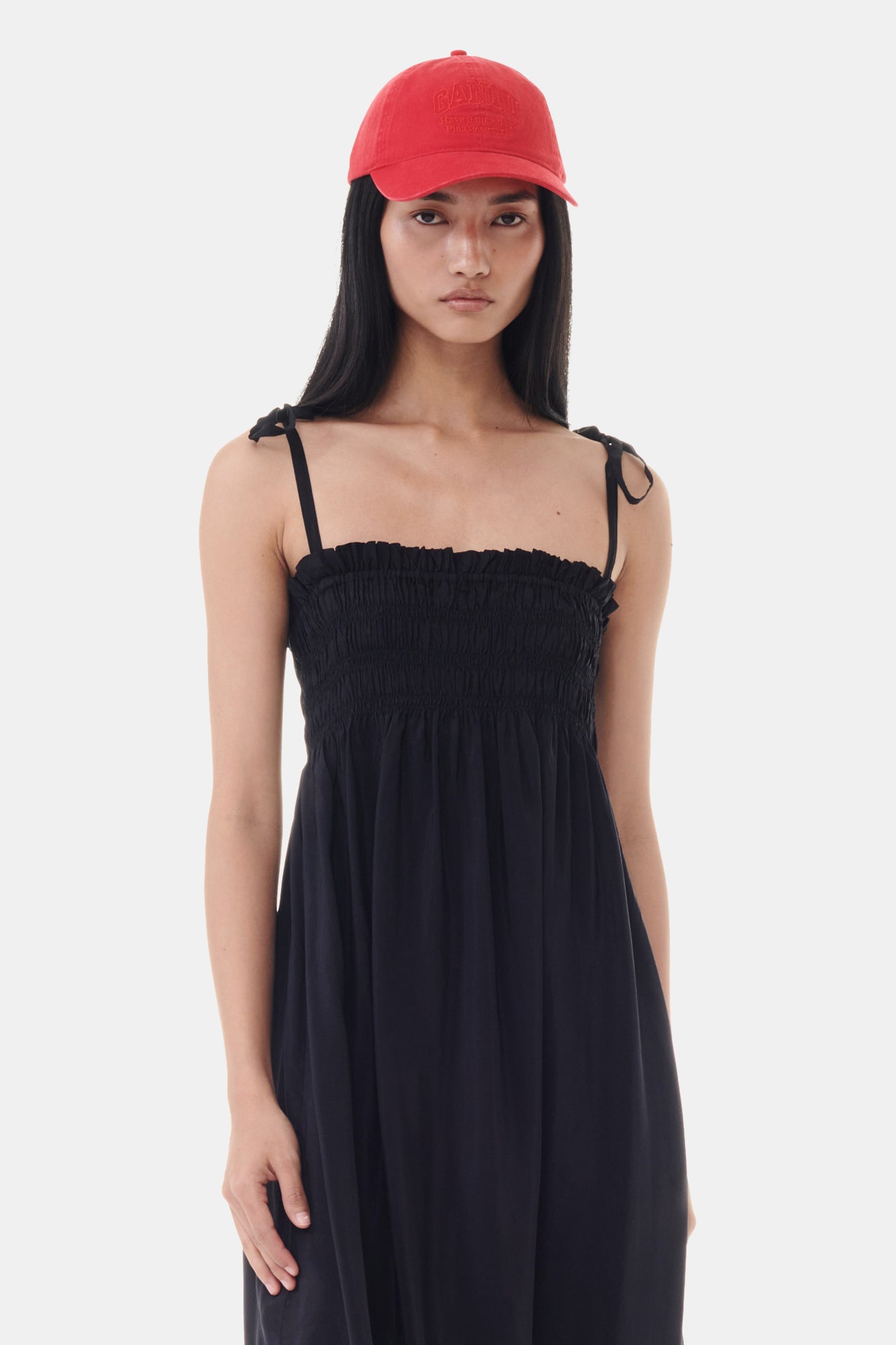 Viscose Habotai Midi Smock Strap Dress | Black
