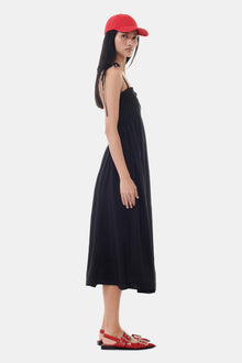 Viscose Habotai Midi Smock Strap Dress | Black
