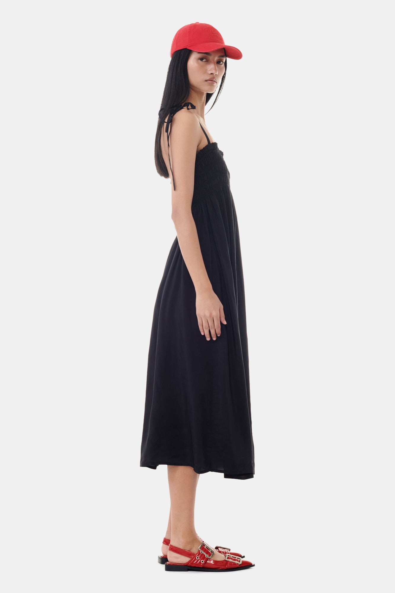Viscose Habotai Midi Smock Strap Dress | Black