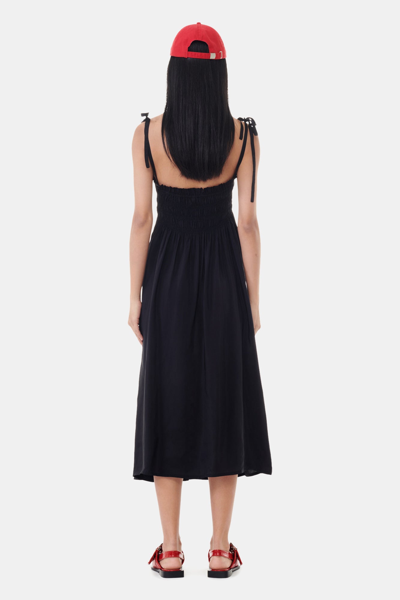 Viscose Habotai Midi Smock Strap Dress | Black