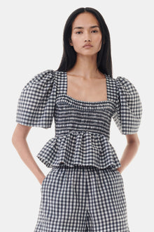 Seersucker Check Open-neck Smock Blouse | Egret