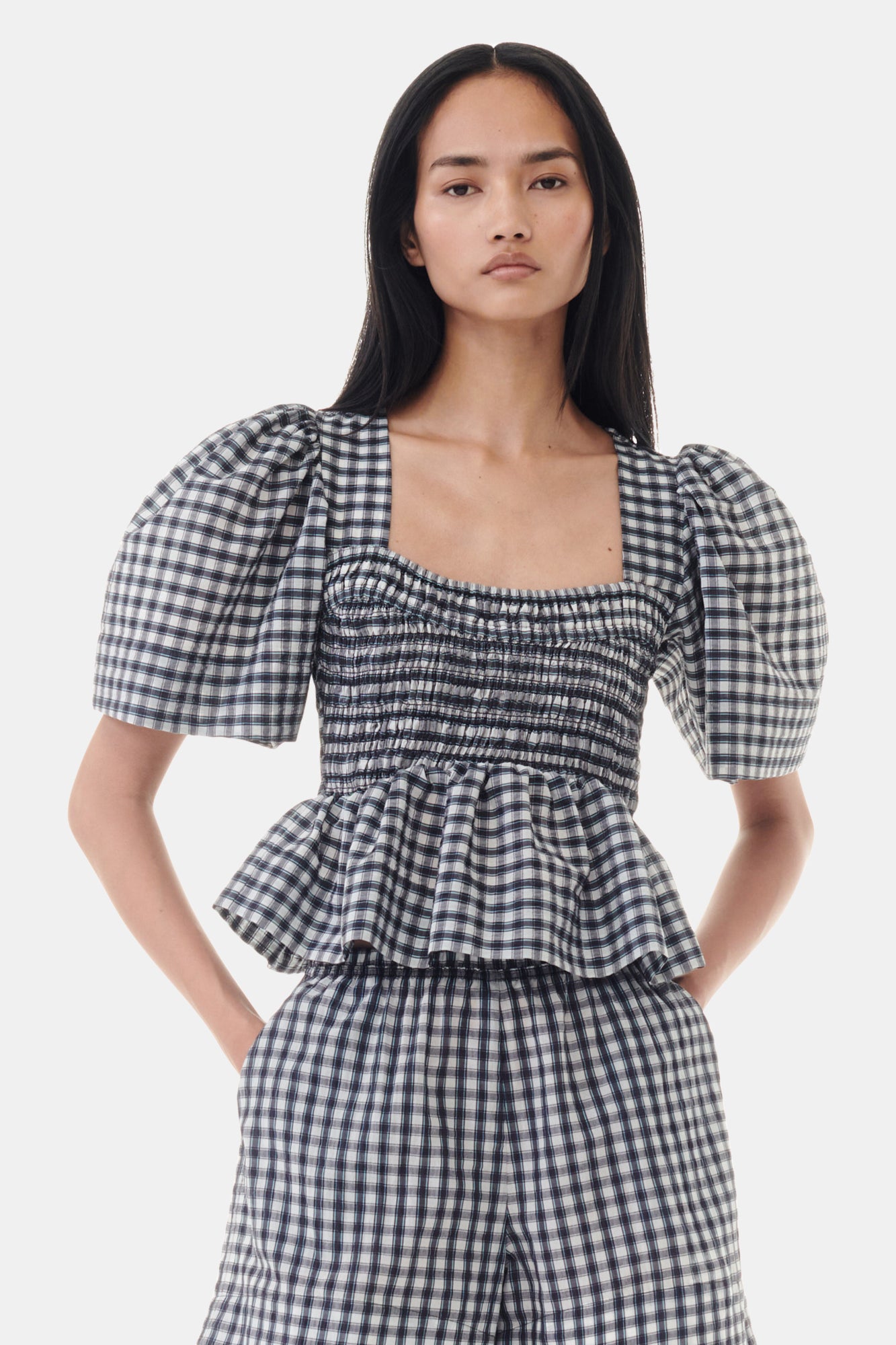 Seersucker Check Open-neck Smock Blouse | Egret