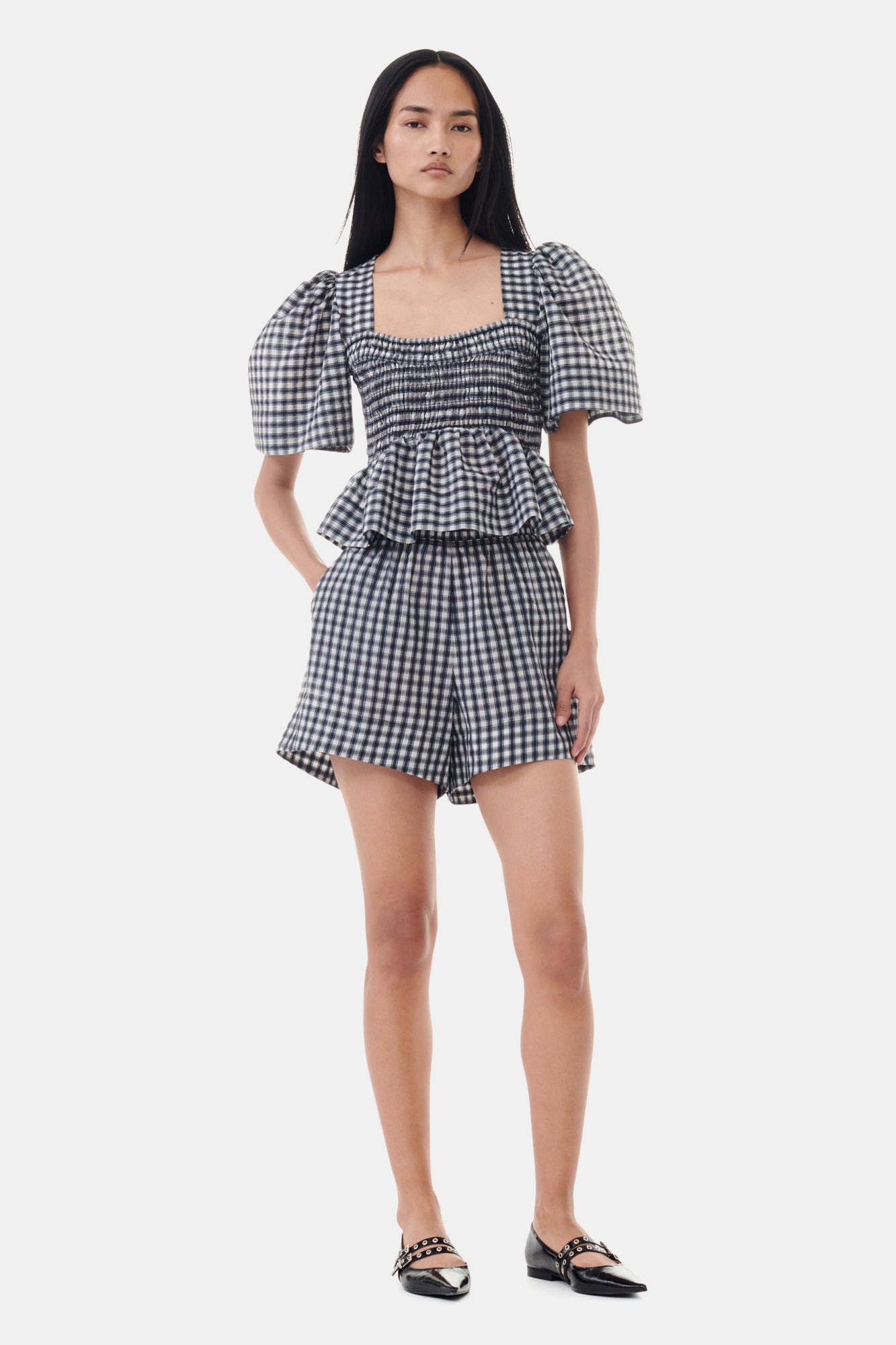 Seersucker Check Open-neck Smock Blouse | Egret