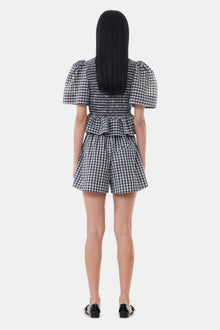 Seersucker Check Open-neck Smock Blouse | Egret