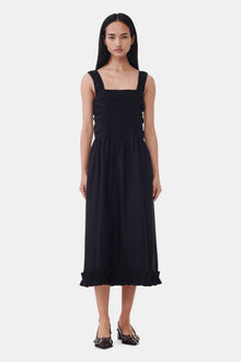 Cotton Poplin Square Neck Midi Dress | Black