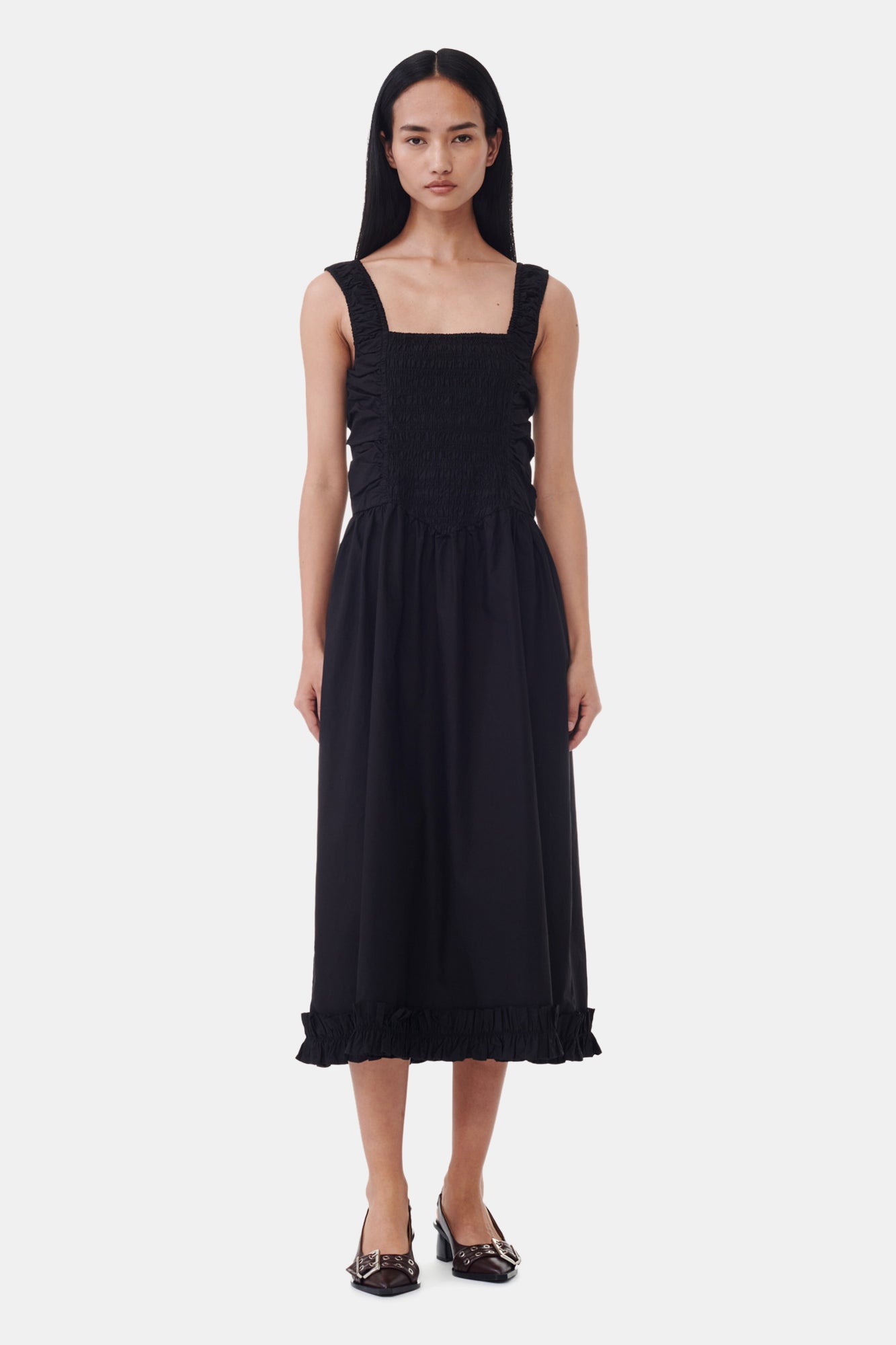Cotton Poplin Square Neck Midi Dress | Black