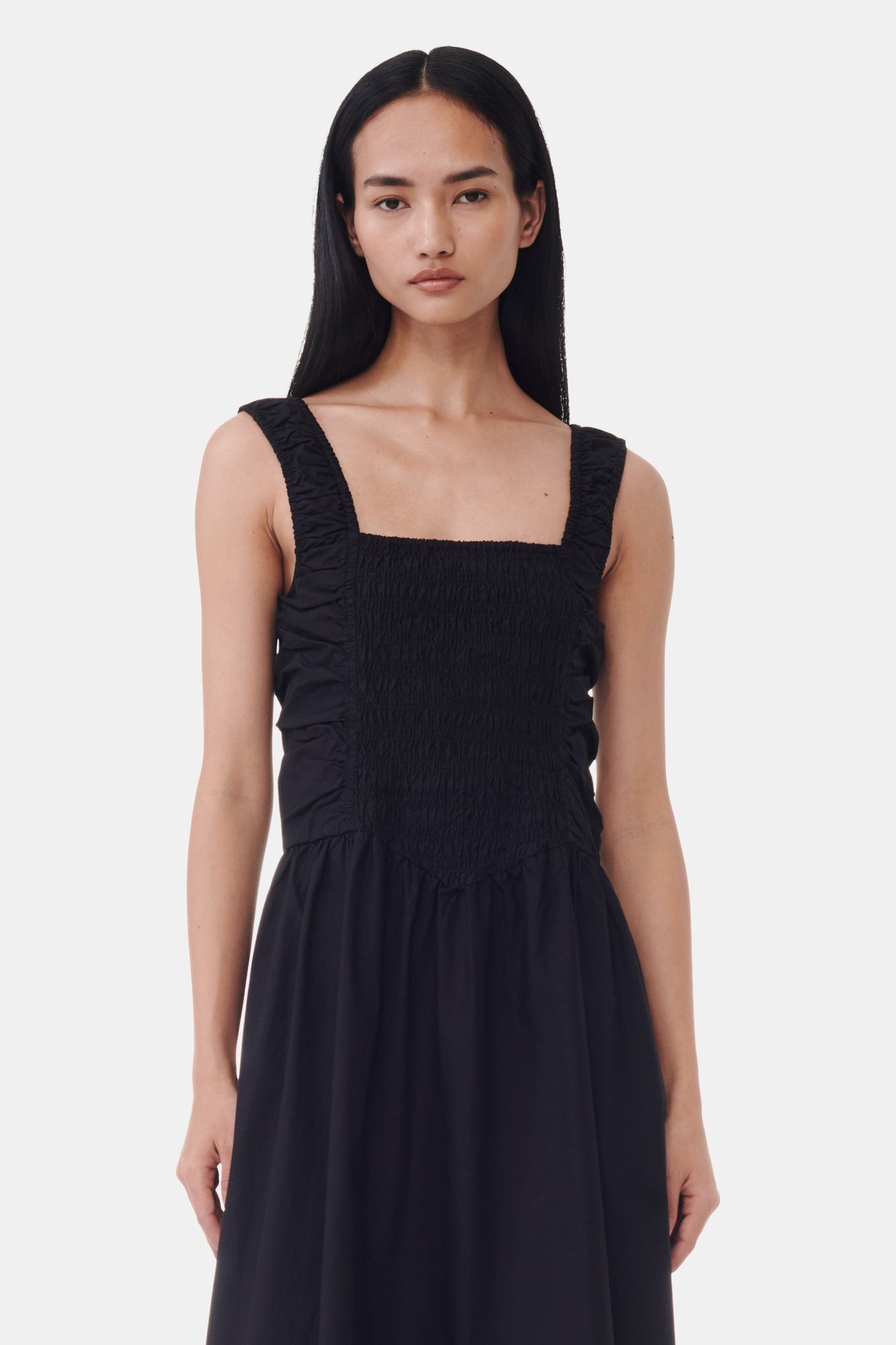Cotton Poplin Square Neck Midi Dress | Black