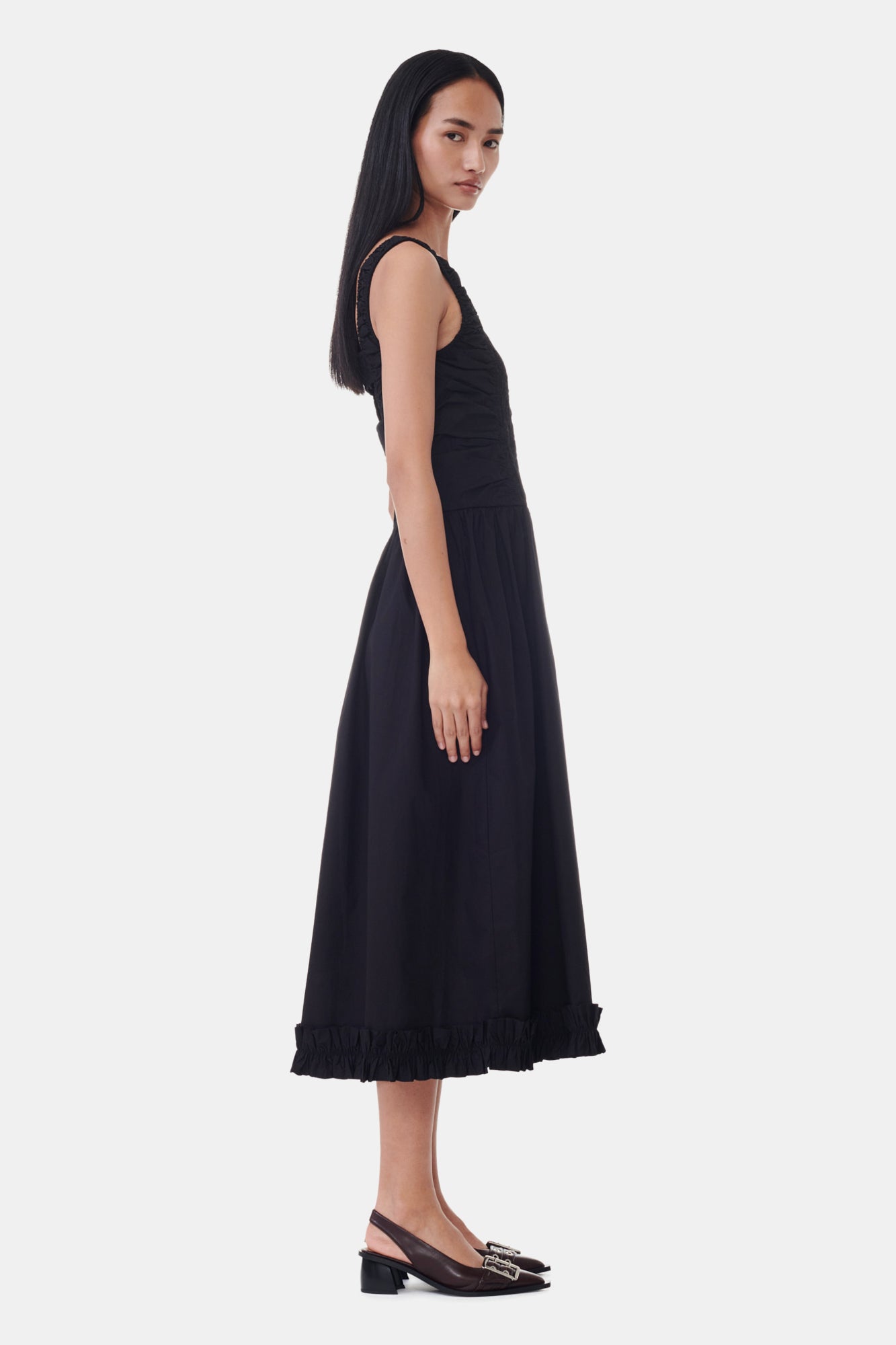 Cotton Poplin Square Neck Midi Dress | Black