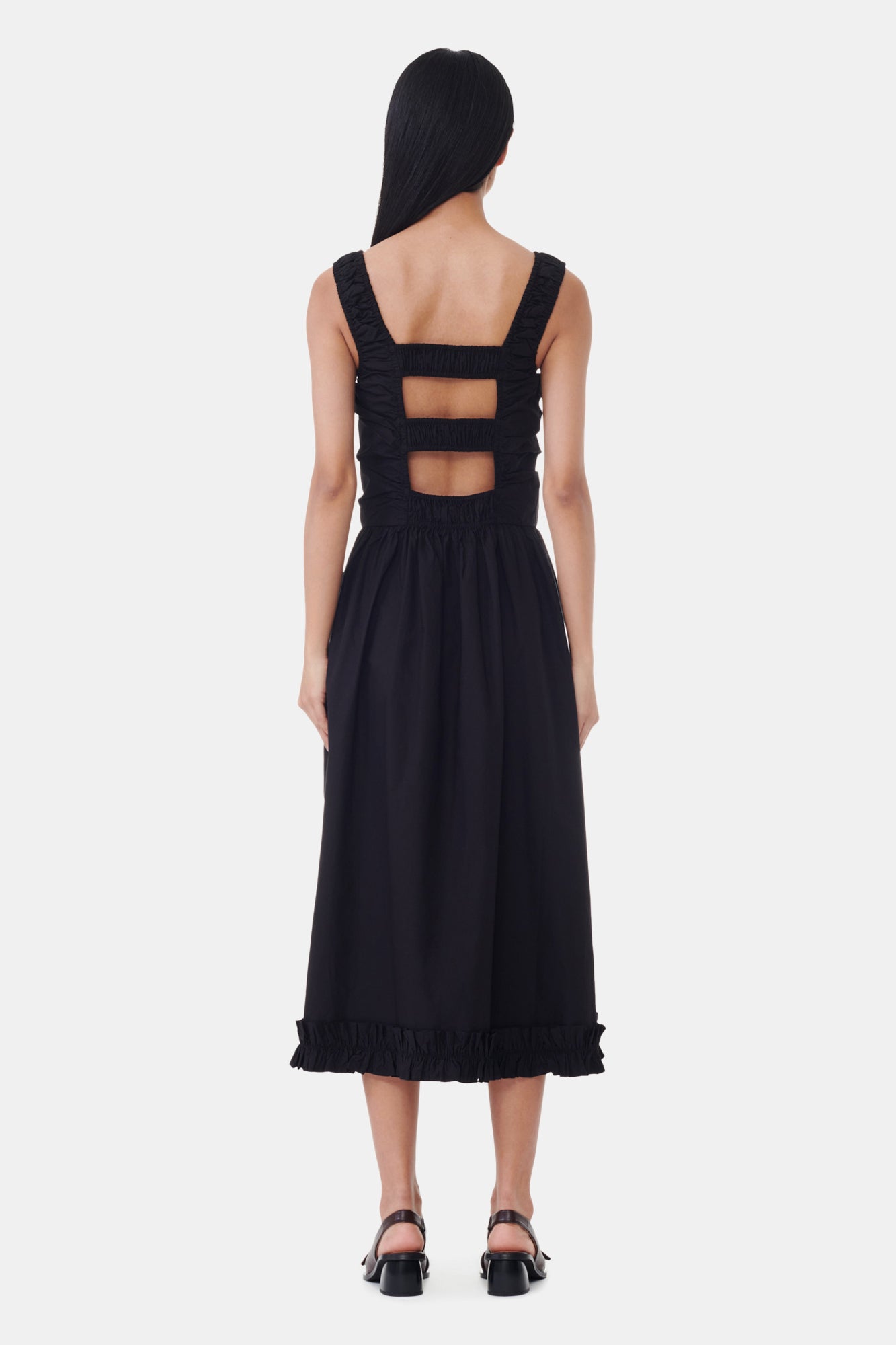 Cotton Poplin Square Neck Midi Dress | Black