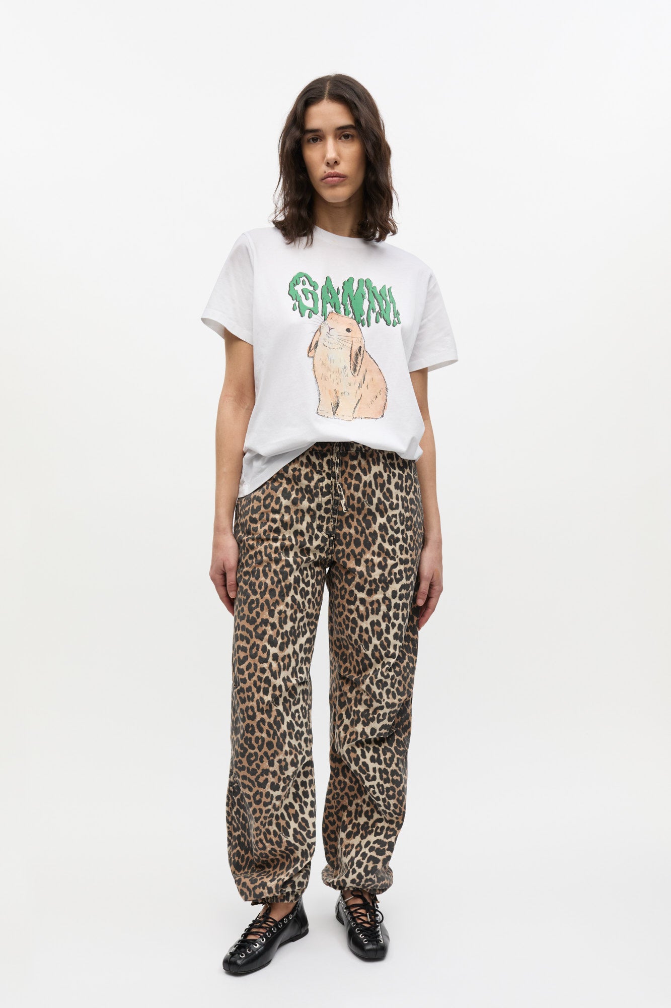 Leopard Washed Cotton Canvas Drawstring Trousers | Almond Milk