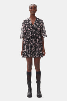 Pleated Georgette V-Neck Flounce Mini Dress | Phantom