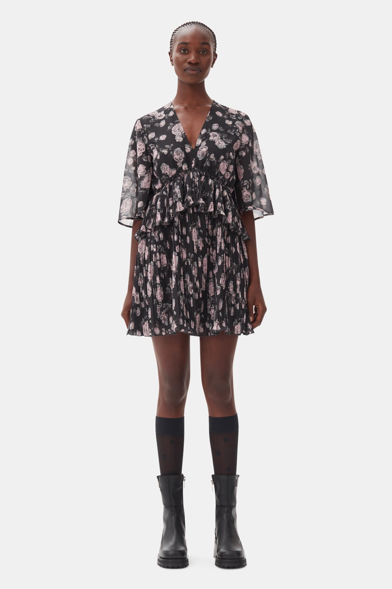 Pleated Georgette V-Neck Flounce Mini Dress | Phantom