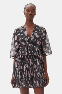 Pleated Georgette V-Neck Flounce Mini Dress | Phantom