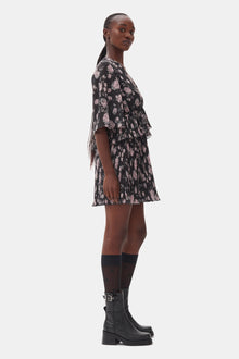 Pleated Georgette V-Neck Flounce Mini Dress | Phantom