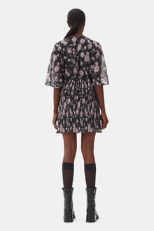 Pleated Georgette V-Neck Flounce Mini Dress | Phantom