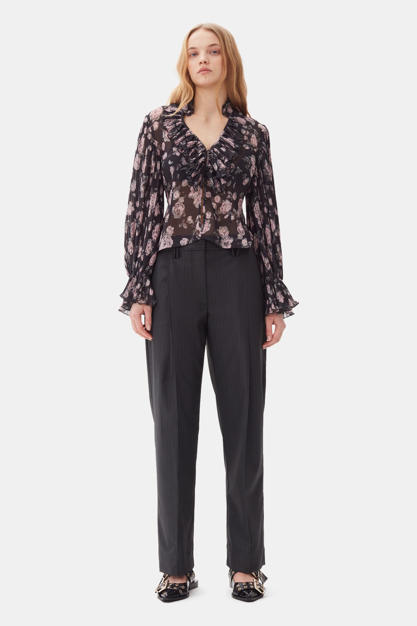 Floral Printed Pleated Georgette Blouse | Phantom