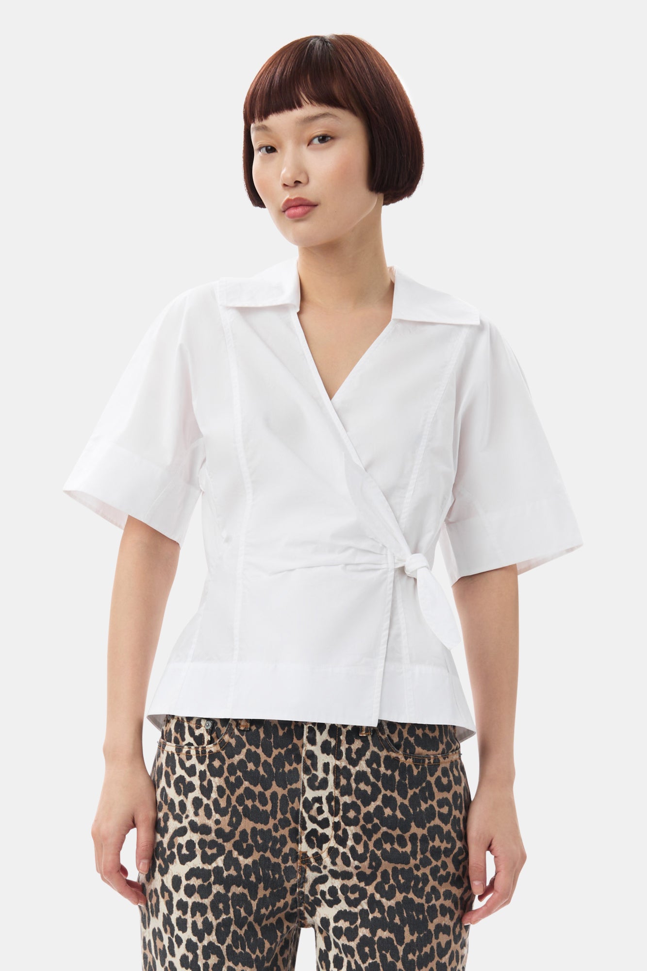Cotton Poplin Short Sleeve Wrap Blouse | Bright White