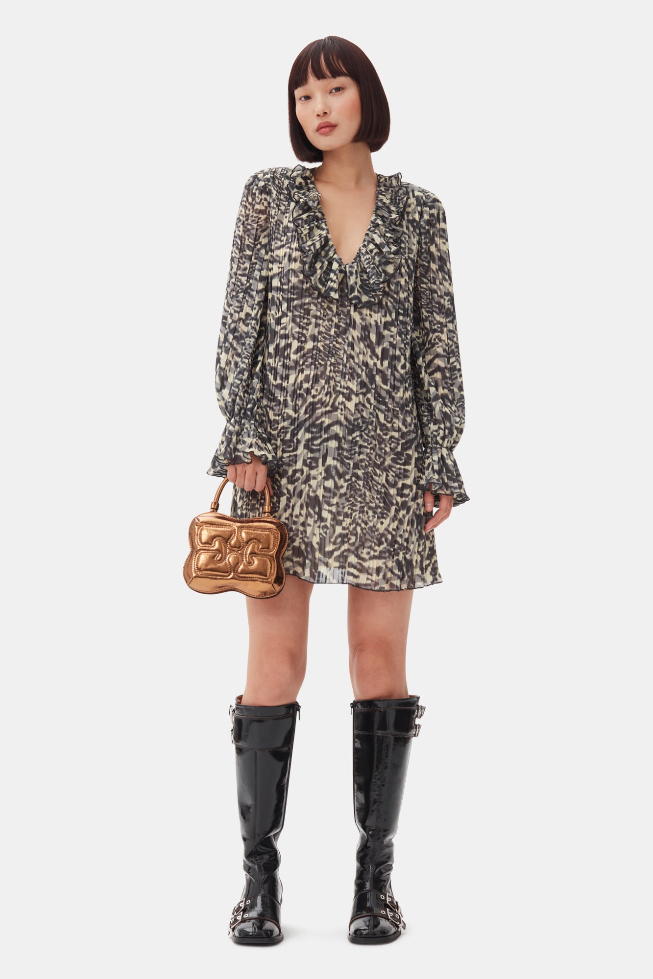 Pleated Georgette Flounce Neck Mini Dress | Lemon Icing