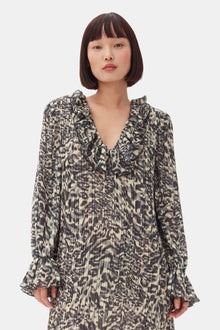 Pleated Georgette Flounce Neck Mini Dress | Lemon Icing