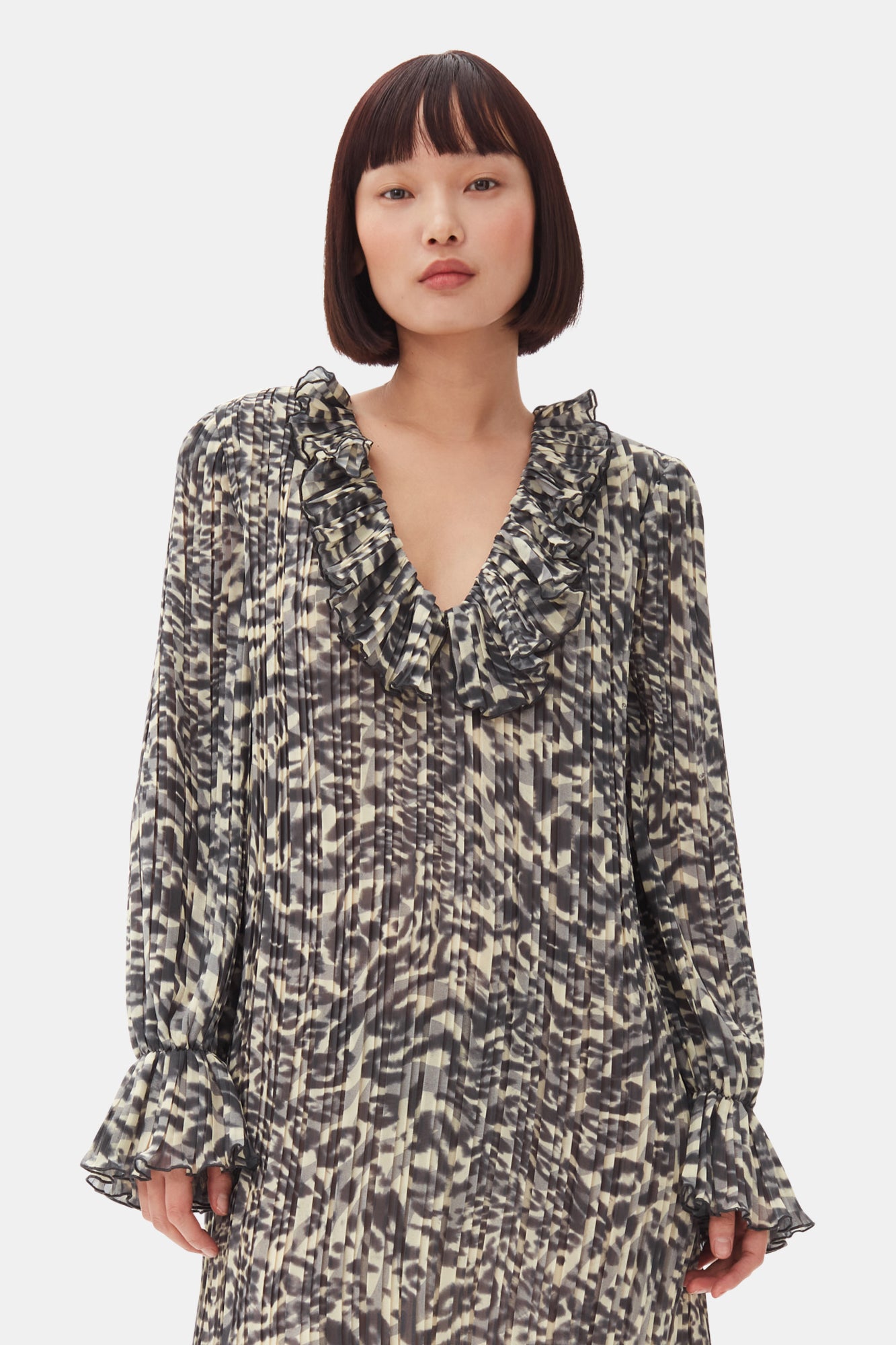 Pleated Georgette Flounce Neck Mini Dress | Lemon Icing