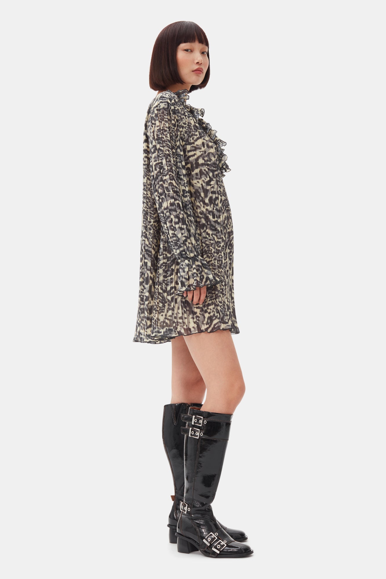 Pleated Georgette Flounce Neck Mini Dress | Lemon Icing