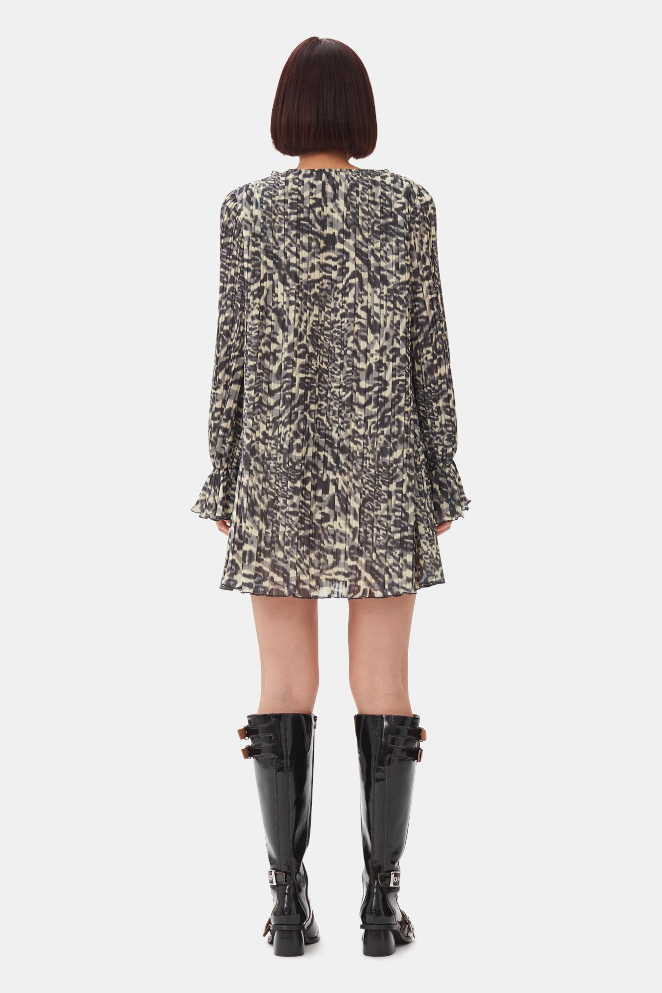 Pleated Georgette Flounce Neck Mini Dress | Lemon Icing