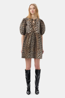 Printed Cotton Tie String Mini Dress | Leopard