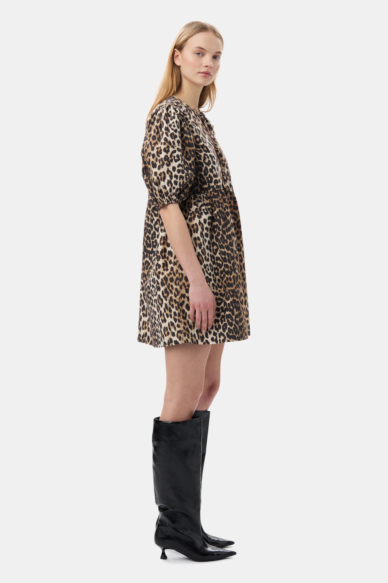 Printed Cotton Tie String Mini Dress | Leopard