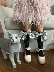 Lola Lace Socks with Satin Bows Bow | Black & Silver