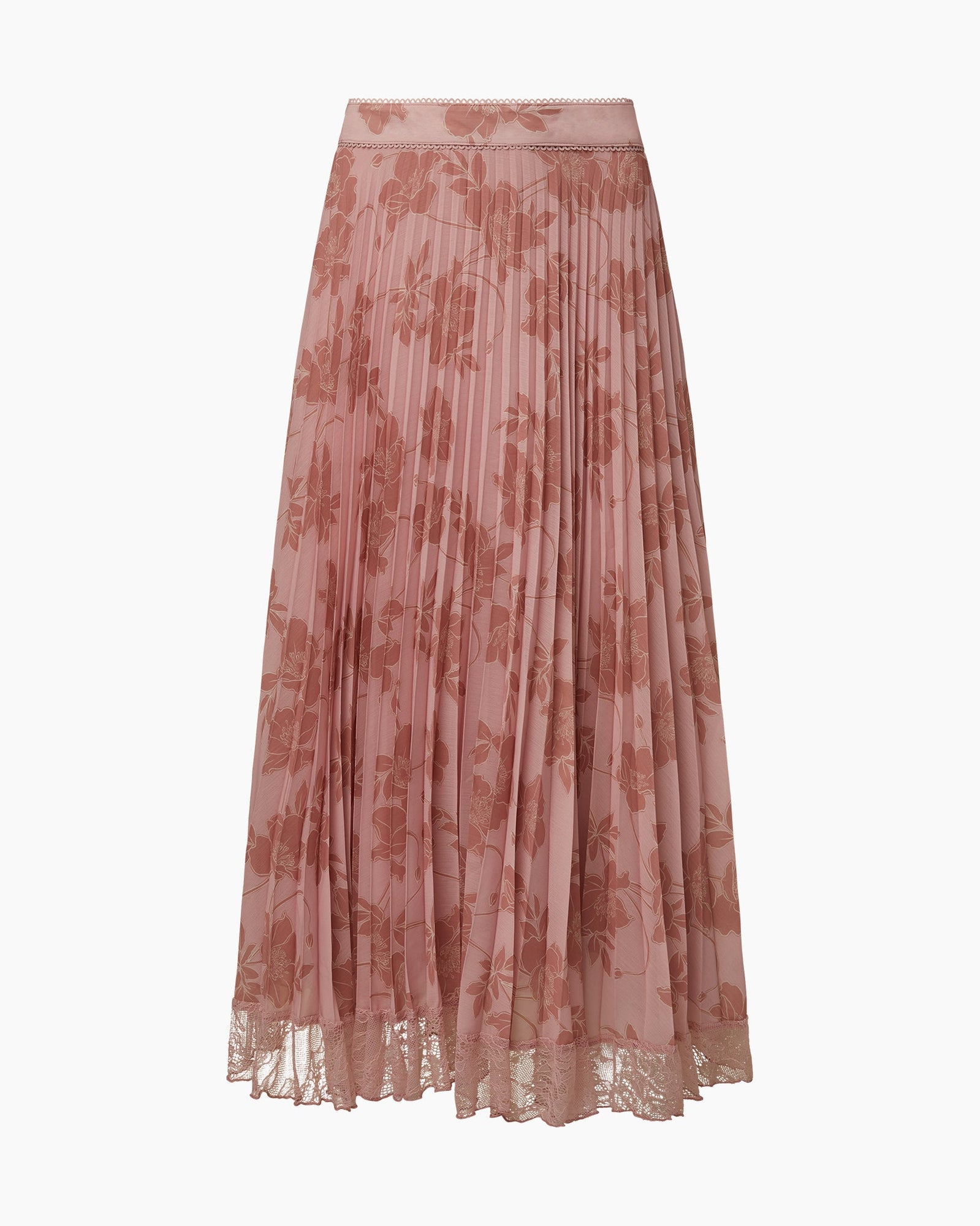 Pleated Lace Trim Midi Skirt | Silver Pink Floral Multi