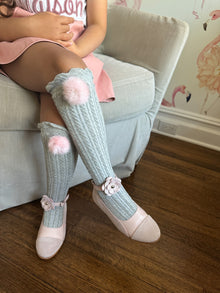 Knee High Socks with Poms Pom | Grey & Pink
