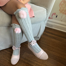 Knee High Socks with Poms Pom | Grey & Pink