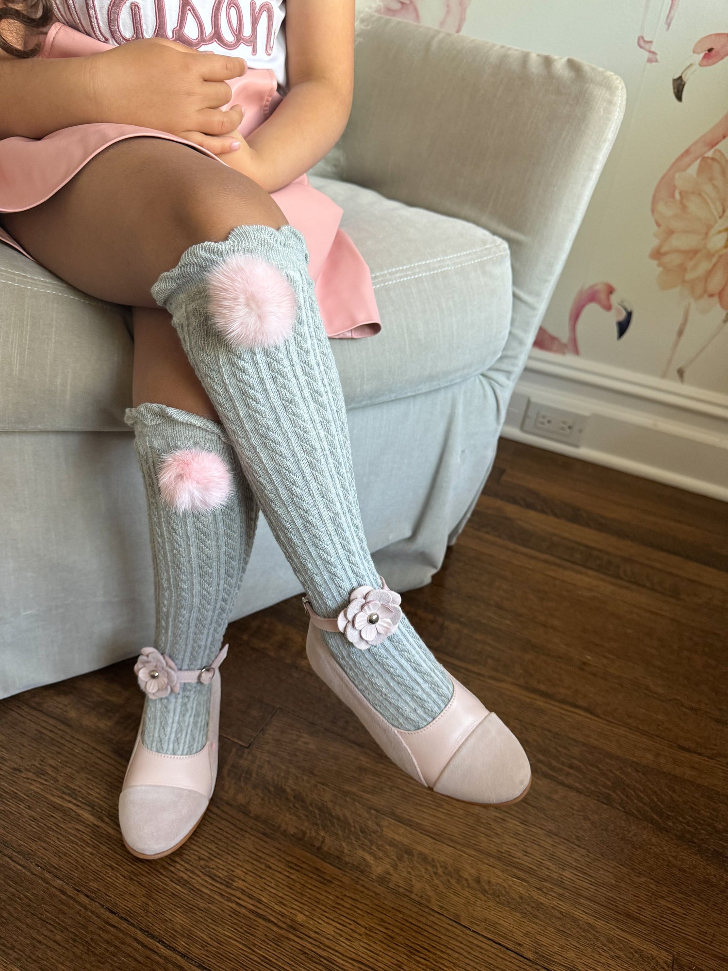 Knee High Socks with Poms Pom | Grey & Pink