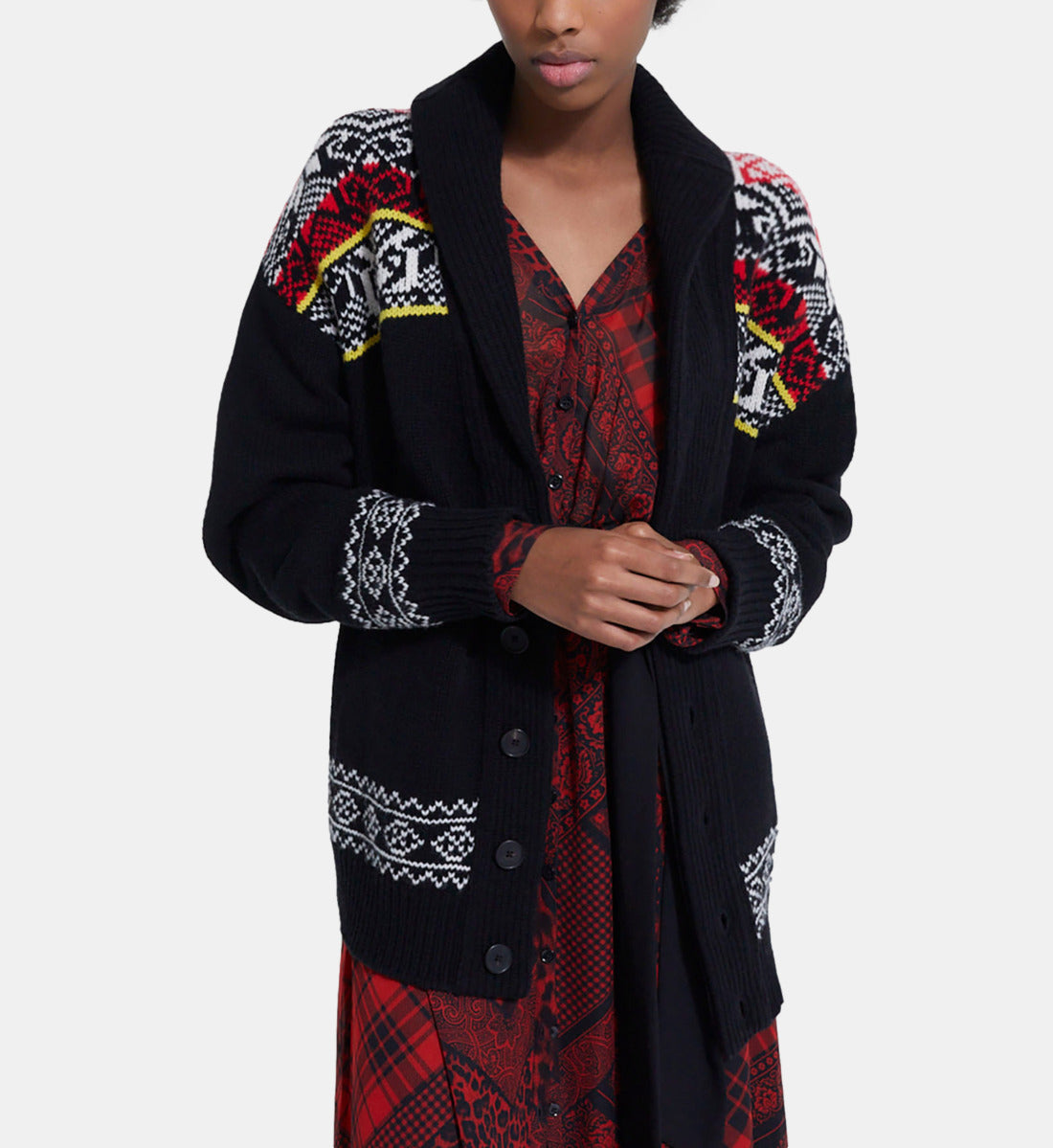 Patterned Wool Cardigan | Women | Black x Red x Yellow